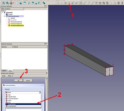 Zadáme materiál nosníku. 1 - klikneme na ikonu koule. 2 - rozbalíme menu a vybereme ocel . 3 -OK