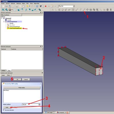 2 - Vyberemu druhou čelní plochu nosníku.  3 - zadáme zatížení 100N. 4 - vybereme směr působení síly. 5 - potvrdíme OK.