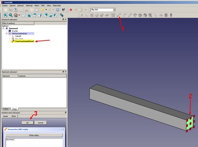 Ukotvíme jednu stranu nosníku, v našem případě počítáme vetknutý nosník. 1 - klikneme na ikonu se zámkem. 2 - označíme plochu na nosníku.3 -  potvrdíme výběr OK.
