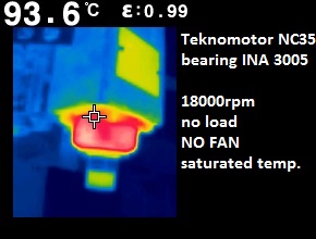 Maximalni ustalena teplota pobliz spodniho loziska (INA 3005). 18000rpm beh naprazdno. Zcela bez chlazeni - ventilator vypnuty.
