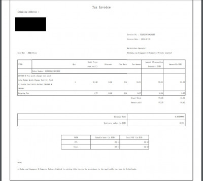 Výpis faktury (invoice) z Ali